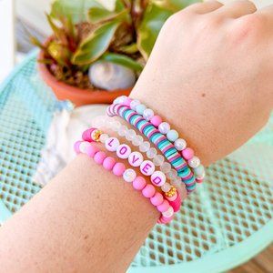 Handmade Loved Bracelet Stack Hot Pink and Teal